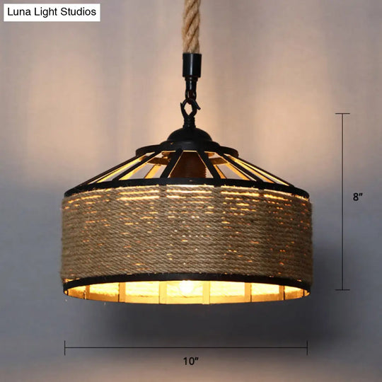 Hemp Rope Conical Cage Pendant Light For Farmhouse Restaurants - Brown Drop Design 1-Bulb Hanging