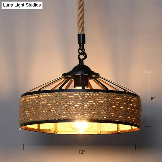 Hemp Rope Conical Cage Pendant Light For Farmhouse Restaurants - Brown Drop Design 1-Bulb Hanging