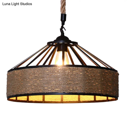 Farmhouse Hemp Rope Pendant Light - Conical Cage Design Brown Finish 1 Bulb