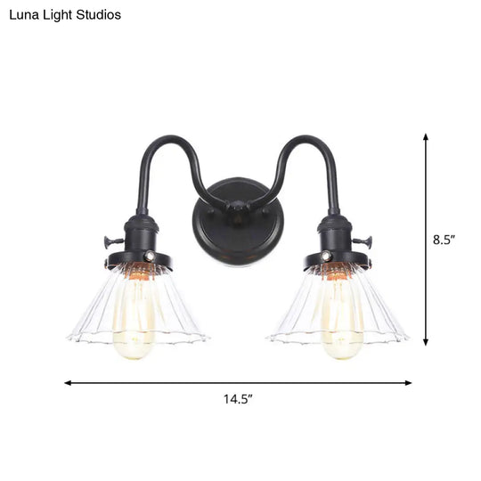 Farmhouse Iron 2-Head Wall Lighting In Black With Curved/Straight Arm Clear Glass Cone/Ball Shades -