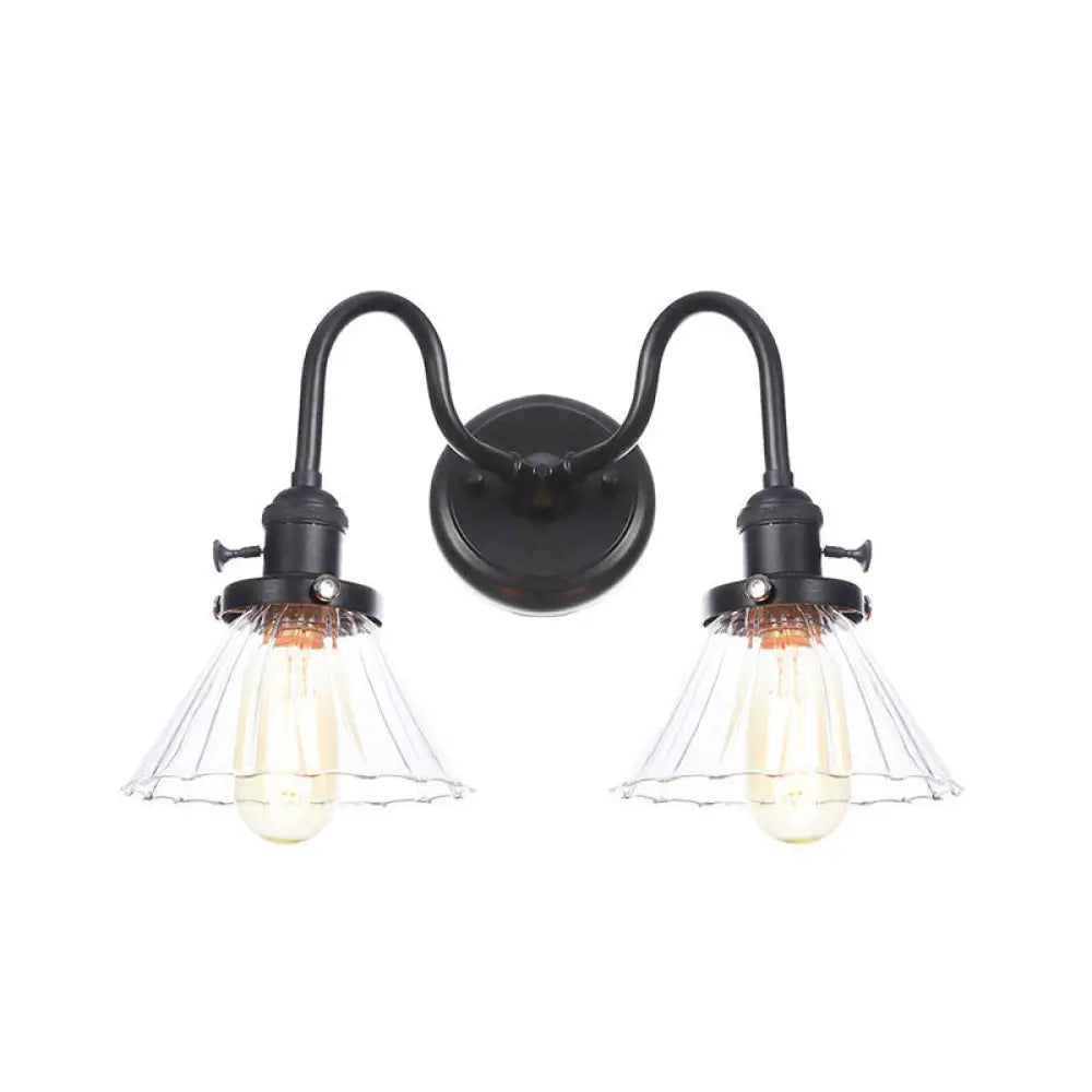 Farmhouse Iron 2-Head Wall Lighting In Black With Curved/Straight Arm Clear Glass Cone/Ball Shades -