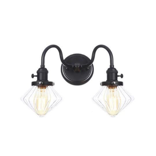 Farmhouse Iron 2-Head Wall Lighting In Black With Curved/Straight Arm Clear Glass Cone/Ball Shades -