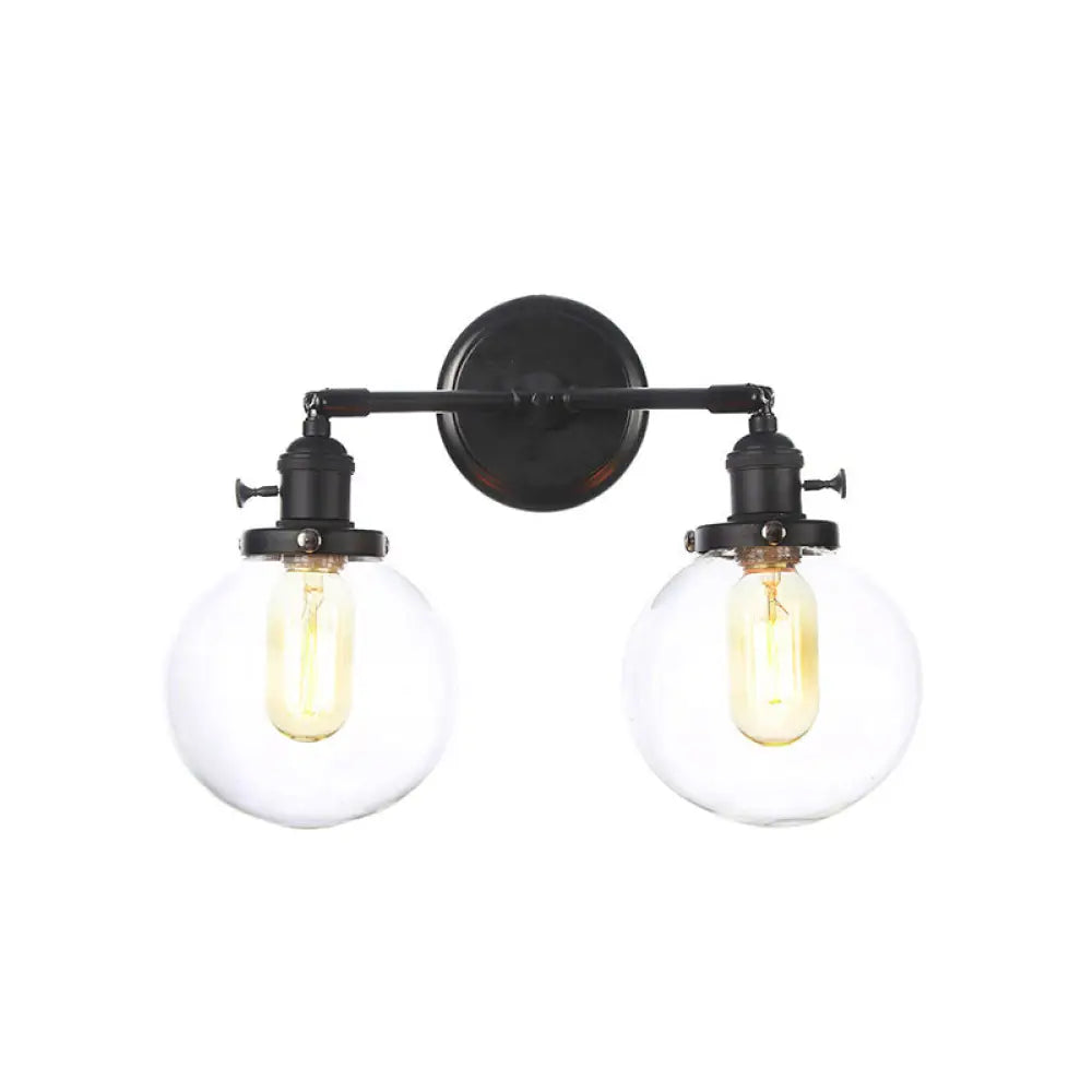 Farmhouse Iron 2-Head Wall Lighting In Black With Curved/Straight Arm Clear Glass Cone/Ball Shades -