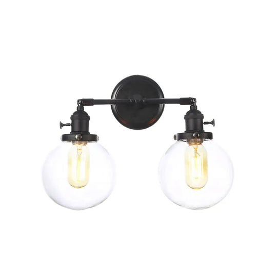 Farmhouse Iron 2-Head Wall Lighting In Black With Curved/Straight Arm Clear Glass Cone/Ball Shades -