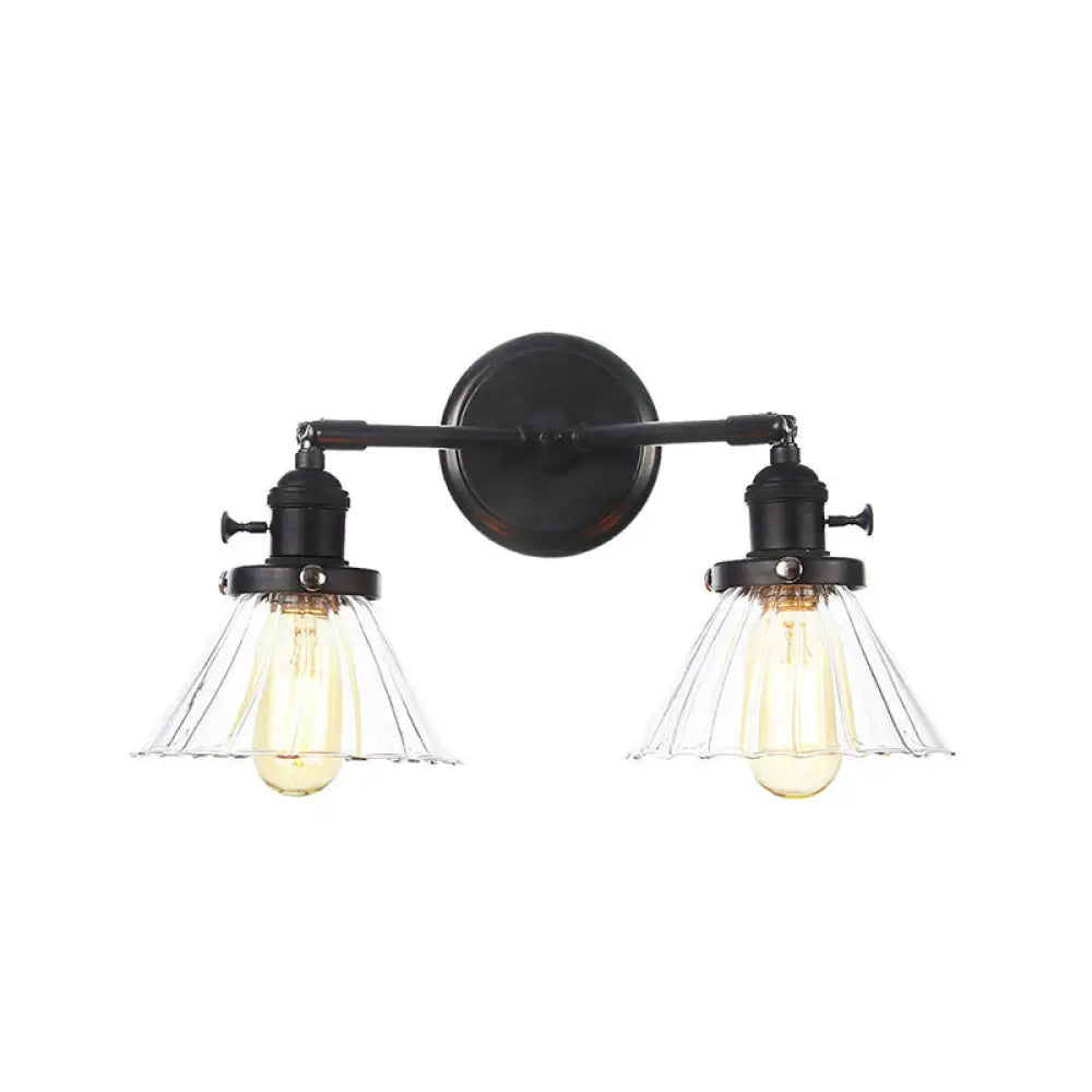 Farmhouse Iron 2-Head Wall Lighting In Black With Curved/Straight Arm Clear Glass Cone/Ball Shades -