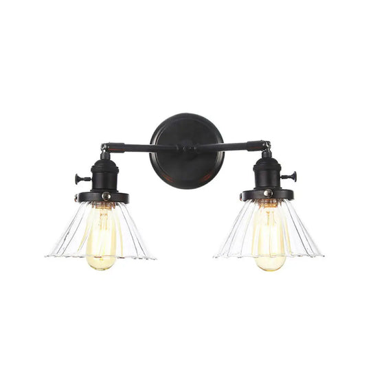 Farmhouse Iron 2-Head Wall Lighting In Black With Curved/Straight Arm Clear Glass Cone/Ball Shades -