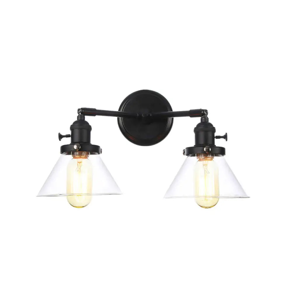 Farmhouse Iron 2-Head Wall Lighting In Black With Curved/Straight Arm Clear Glass Cone/Ball Shades -