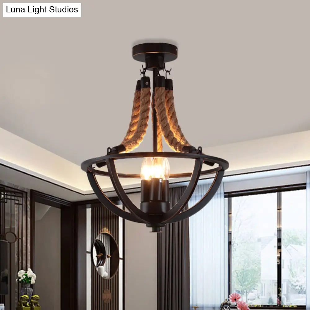 Farmhouse Iron Black Semi Flush Dome Cage Chandelier With 3-Bulb Ceiling Mount And Rope Cord