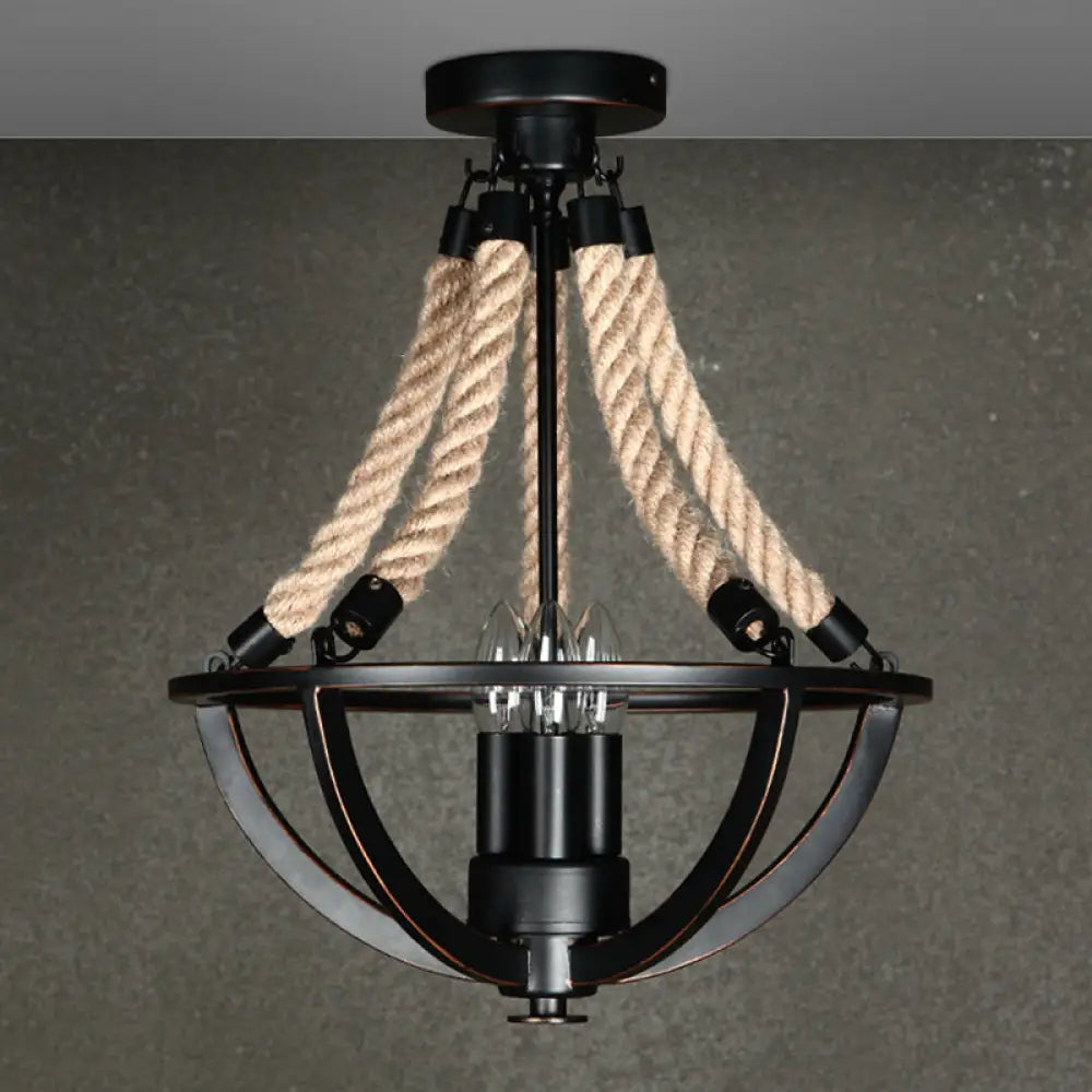 Farmhouse Iron Black Semi Flush Dome Cage Chandelier With 3-Bulb Ceiling Mount And Rope Cord
