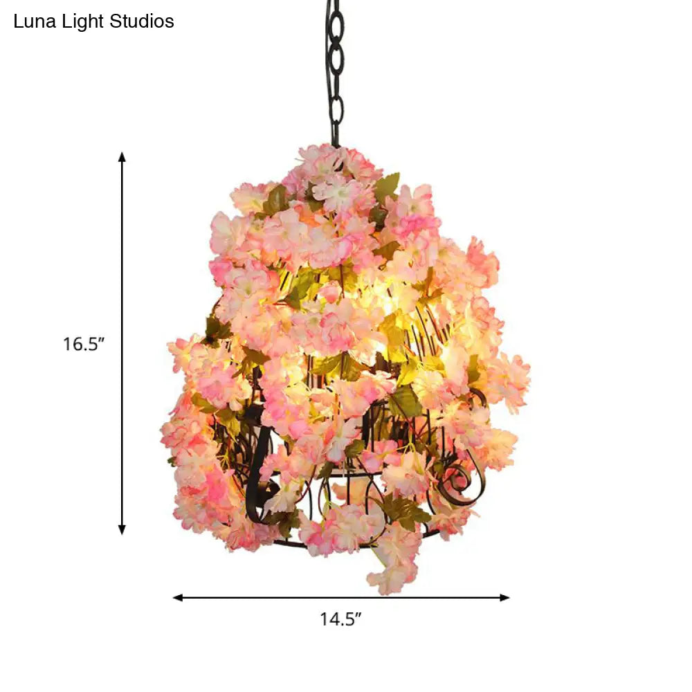 Farmhouse Iron Chandelier With Pink Cherry Blossoms And Bell Cage - 3 Bulb Pendant Light For