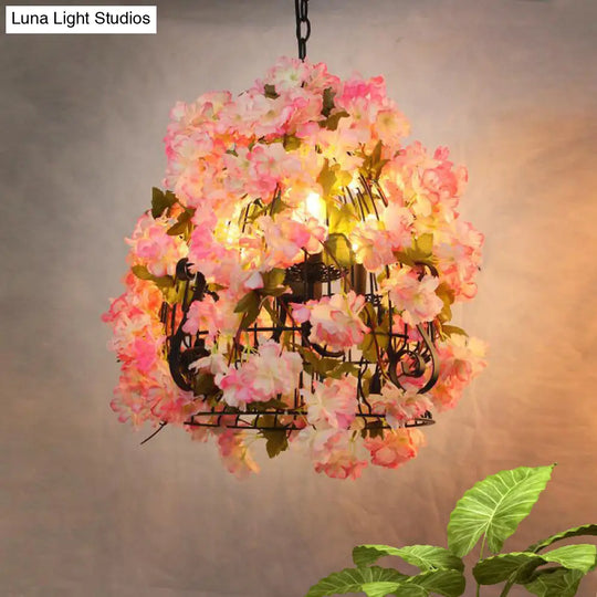 Farmhouse Iron Pendant Light With Pink Cherry Blossom Design - 3 Bulbs Bell Cage Perfect For