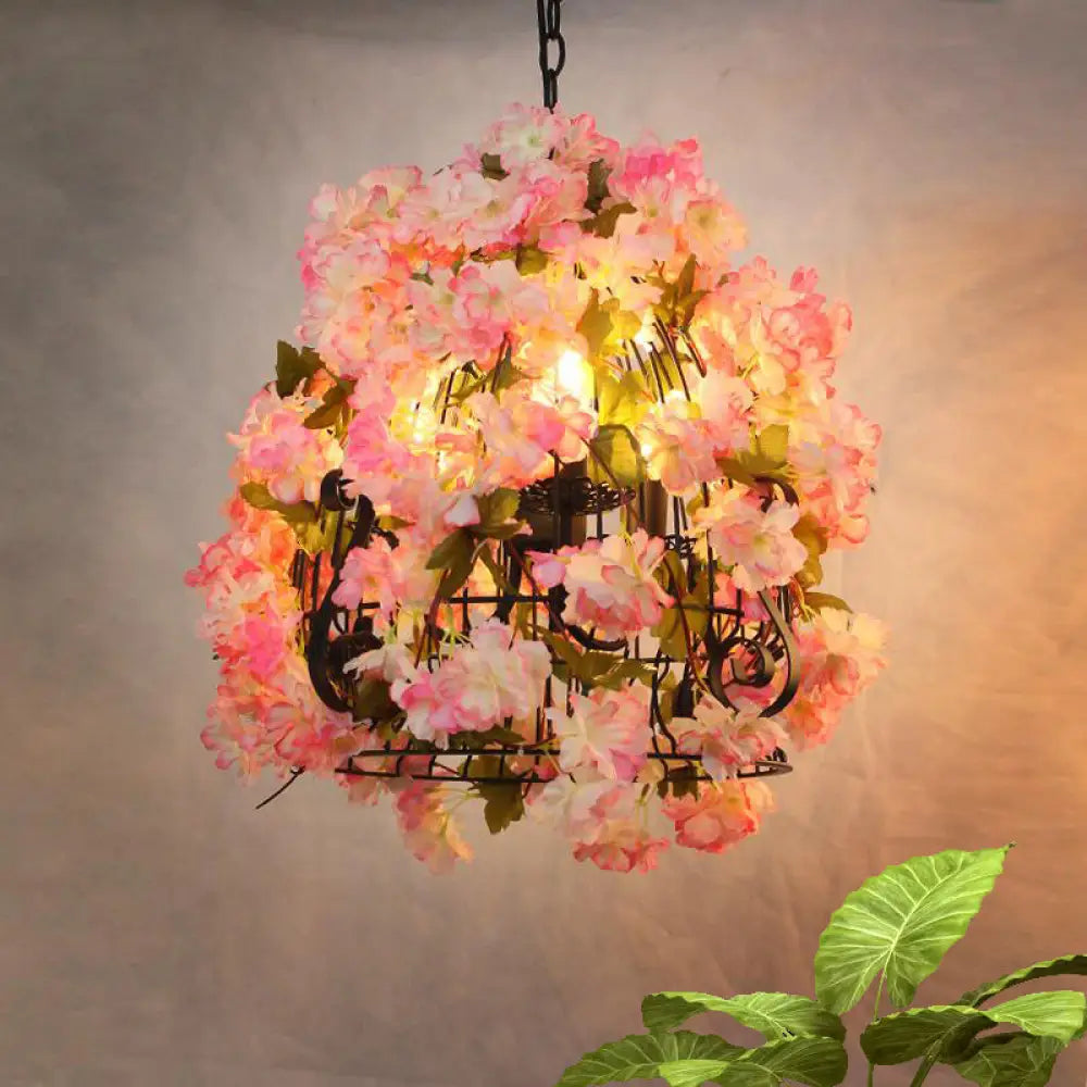 Farmhouse Iron Chandelier With Pink Cherry Blossoms And Bell Cage - 3 Bulb Pendant Light For