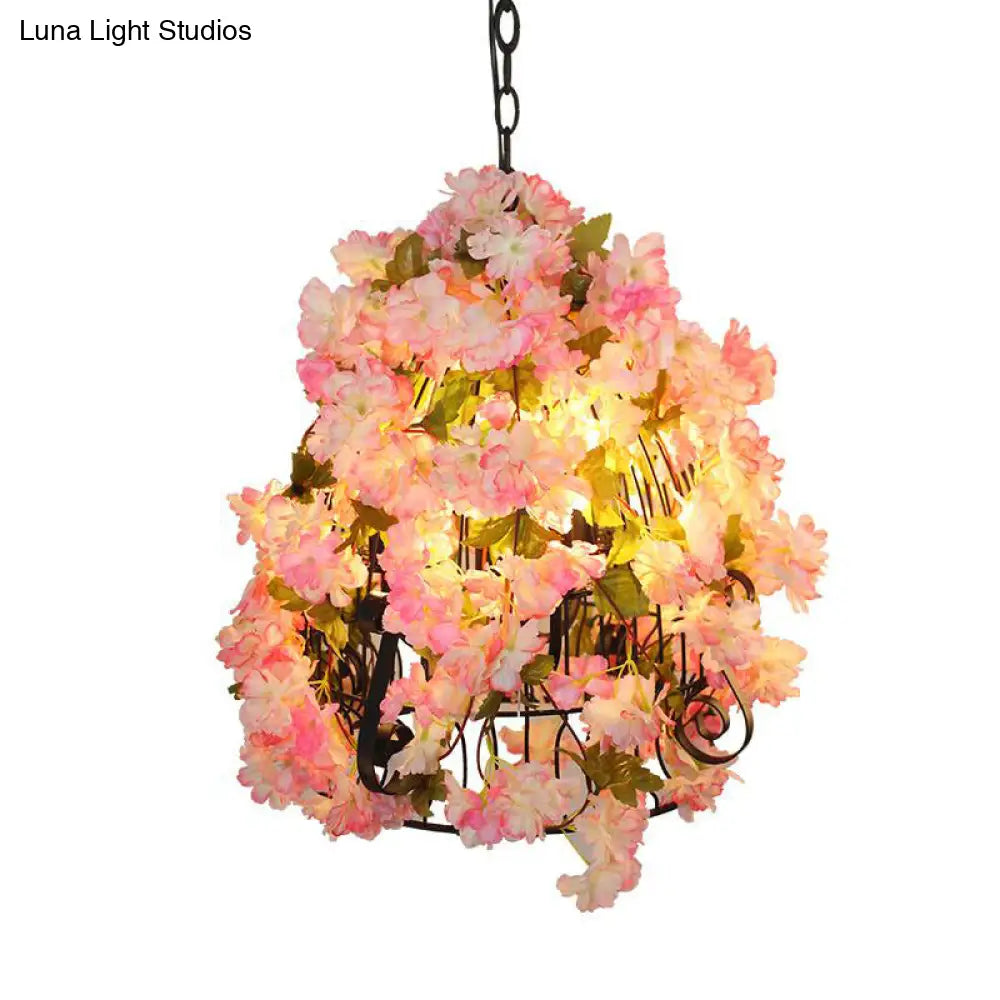 Farmhouse Iron Pendant Light With Pink Cherry Blossom Design - 3 Bulbs Bell Cage Perfect For