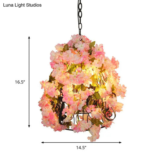 Farmhouse Iron Pendant Light With Pink Cherry Blossom Design - 3 Bulbs Bell Cage Perfect For