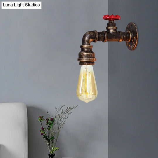 Farmhouse Iron Conduit Wall Sconce Light: 1-Head Living Room Fixture In Bronze With Valve