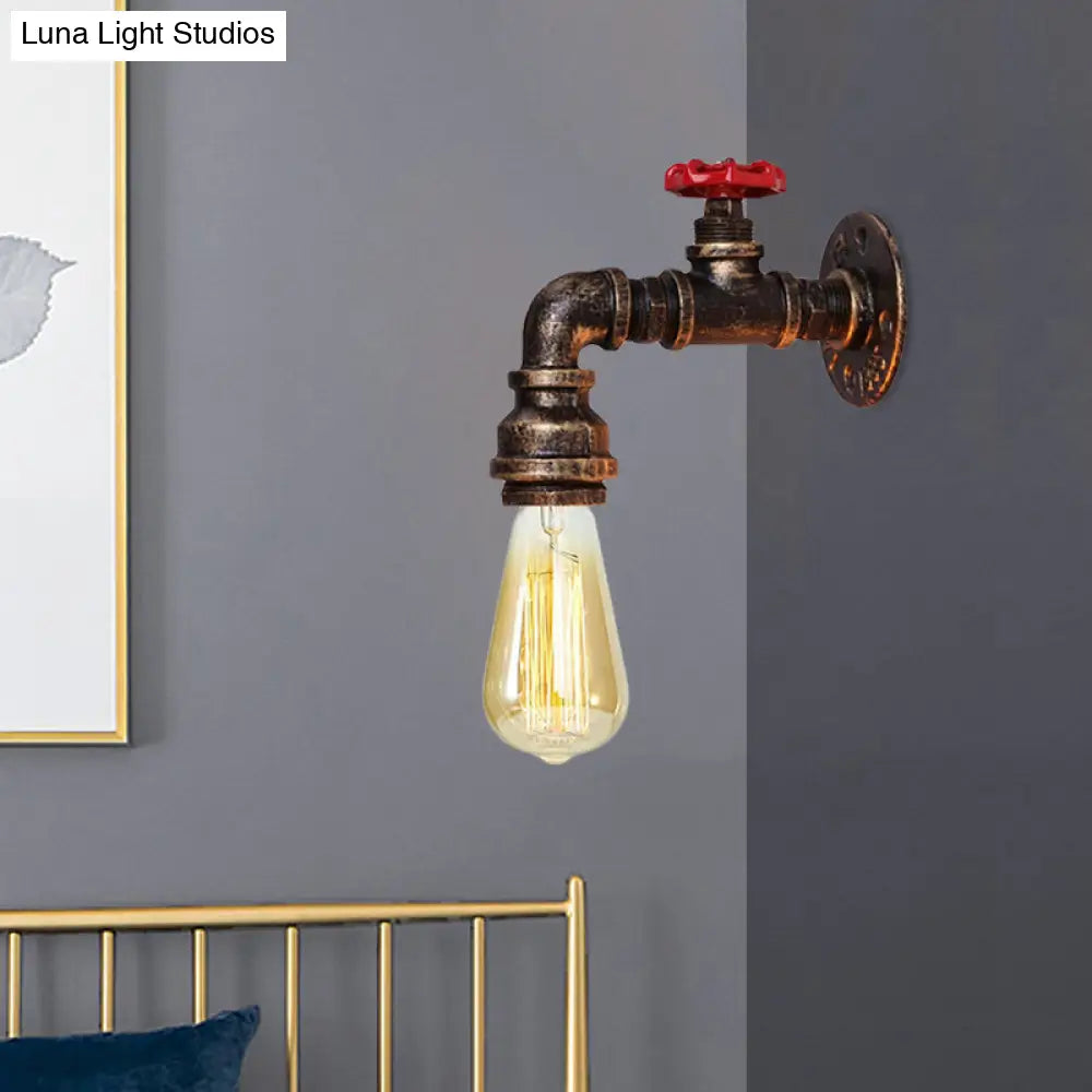 Farmhouse Iron Conduit Wall Sconce Light: 1-Head Living Room Fixture In Bronze With Valve