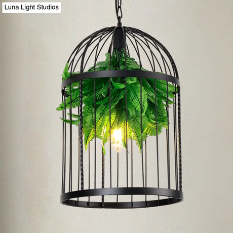 Farmhouse Iron Hanging Lamp: Black Bird Cage Pendant Light With Plant Decor
