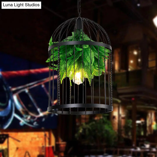 Iron Farmhouse Bird Cage Hanging Pendant Light With Plant Decor For Restaurants Black