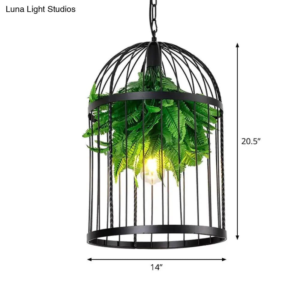 Iron Farmhouse Bird Cage Hanging Pendant Light With Plant Decor For Restaurants