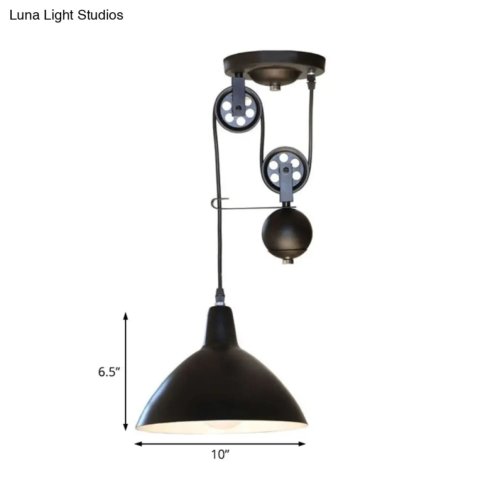 Farmhouse Iron Pendant Light Fixture - Single Black Ceiling With Pulley Design
