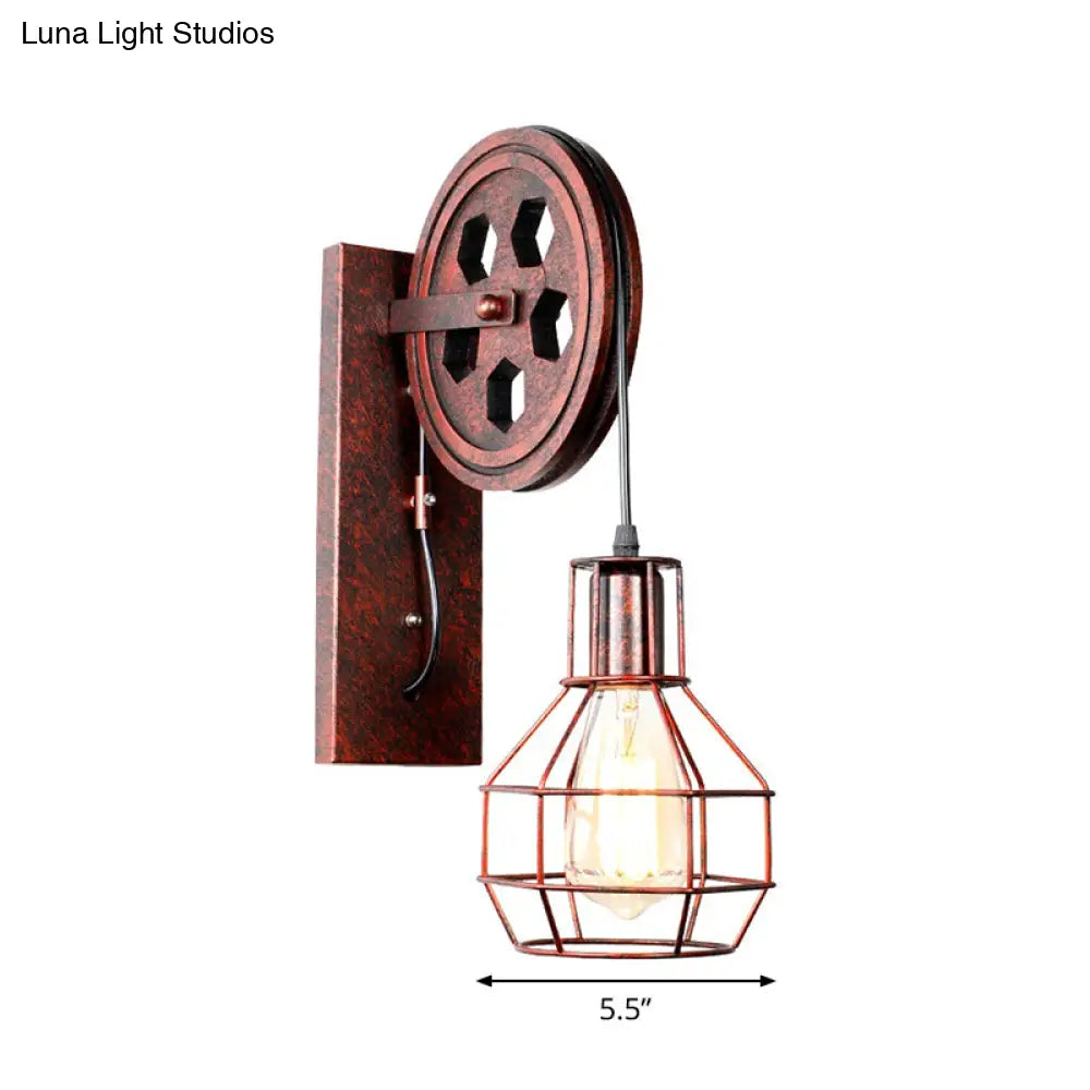 Farmhouse Iron Pulley Wall Light In Rust Red - 1-Light Ball Cage Fixture