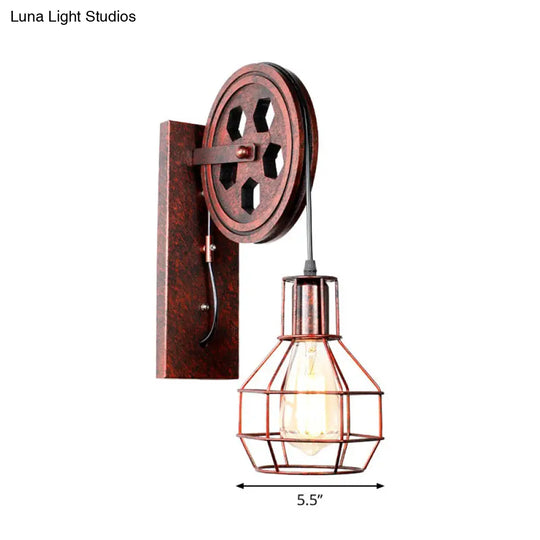 Farmhouse Iron Pulley Wall Light In Rust Red - 1-Light Ball Cage Fixture