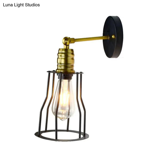 Farmhouse Iron Wall Sconce Lighting With Adjustable Brass Cage Shade - Perfect For Dining Room