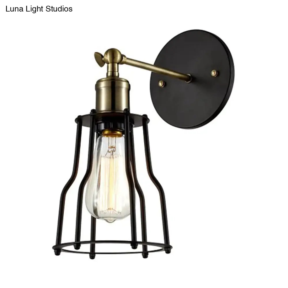 Farmhouse Iron Wall Sconce Lighting With Adjustable Brass Cage Shade - Perfect For Dining Room