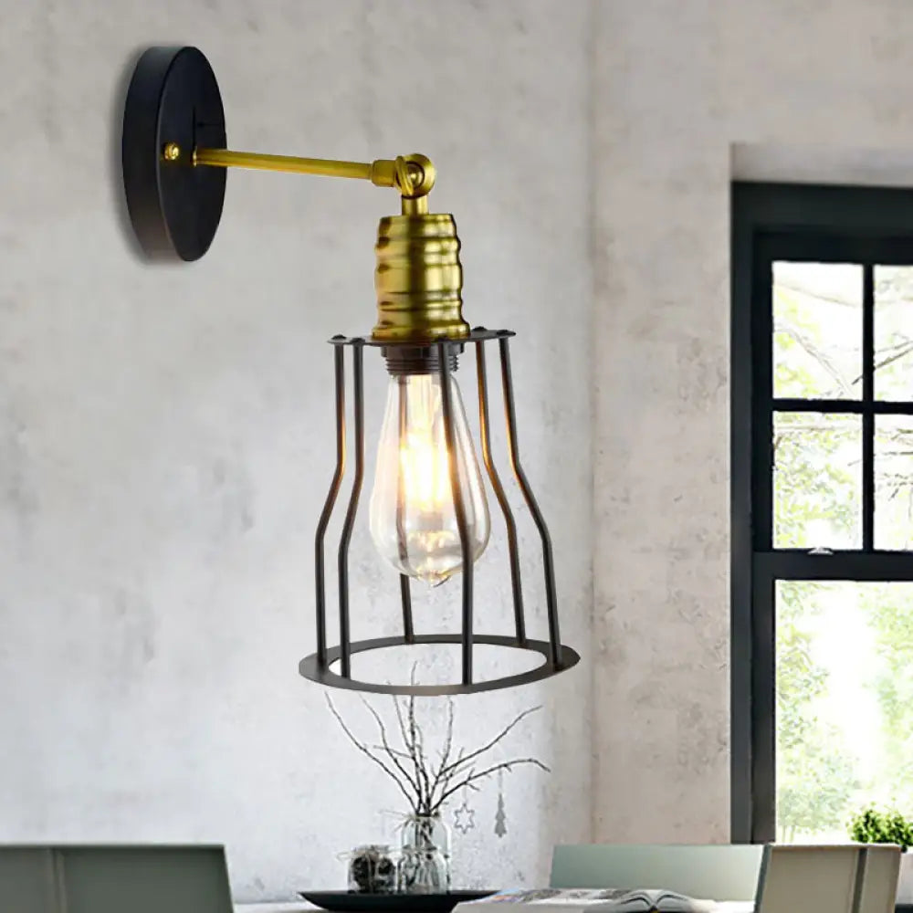 Farmhouse Iron Wall Sconce Lighting With Adjustable Brass Cage Shade - Perfect For Dining Room