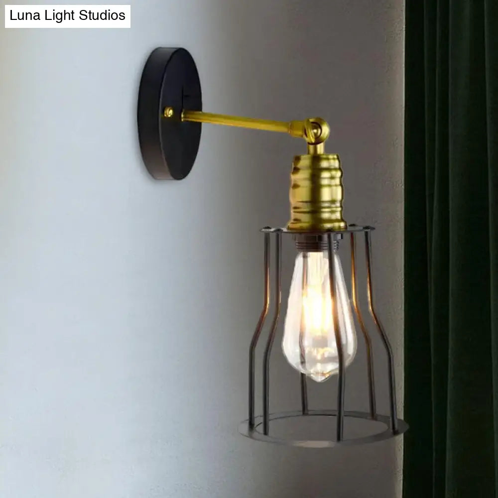 Farmhouse Iron Wall Sconce Lighting With Adjustable Brass Cage Shade - Perfect For Dining Room