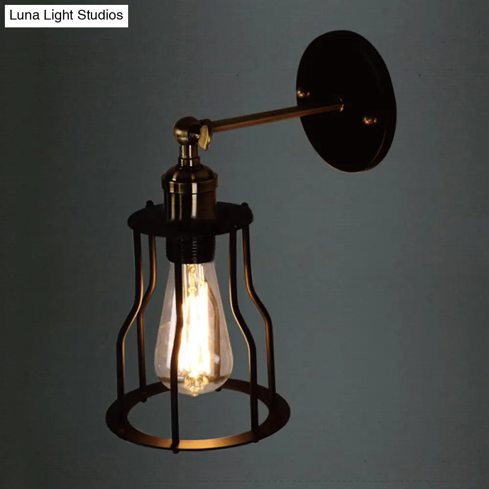 Farmhouse Iron Wall Sconce Lighting With Adjustable Brass Cage Shade - Perfect For Dining Room