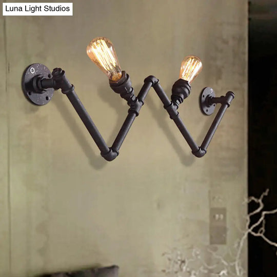 Farmhouse Iron Wall Sconce With Pipe Design - Black 2-Bulb W-Shaped Lamp Fixture