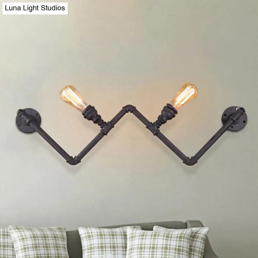 Farmhouse Iron Wall Sconce With Pipe Design - Black 2-Bulb W-Shaped Lamp Fixture