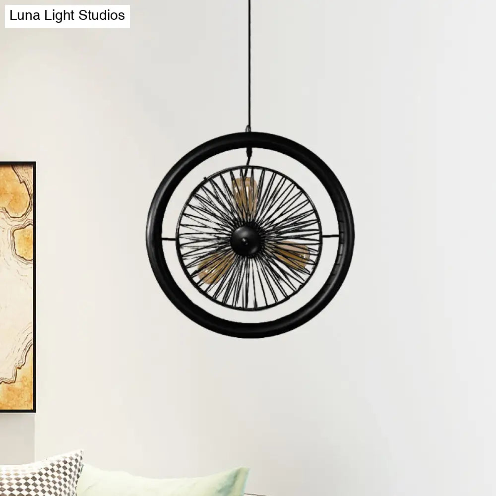 Farmhouse Style Circle Cage Light Fixture With Fan Design Brass/Black Finish 3 Lights For Kitchen