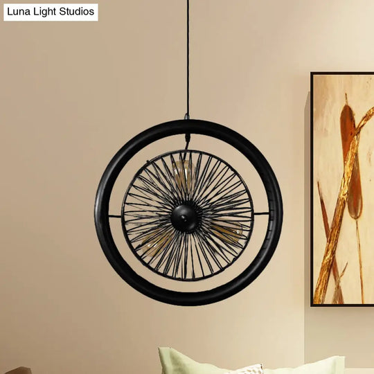 Farmhouse Style Circle Cage Light Fixture With Fan Design Brass/Black Finish 3 Lights For Kitchen