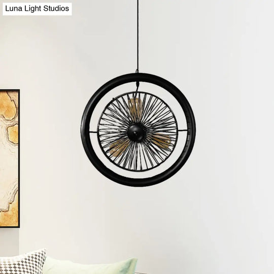 Farmhouse Kitchen Hanging Lamp With Brass/Black Finish - Circle Cage Metal Fixture 3 Lights & Fan