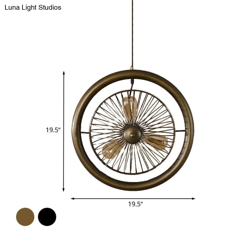 Farmhouse Style Circle Cage Light Fixture With Fan Design Brass/Black Finish 3 Lights For Kitchen