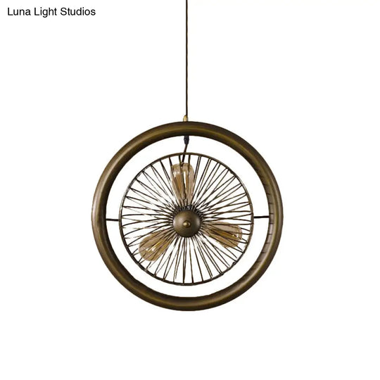 Farmhouse Style Circle Cage Light Fixture With Fan Design Brass/Black Finish 3 Lights For Kitchen