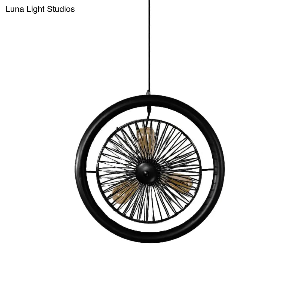 Farmhouse Kitchen Hanging Lamp With Brass/Black Finish - Circle Cage Metal Fixture 3 Lights & Fan