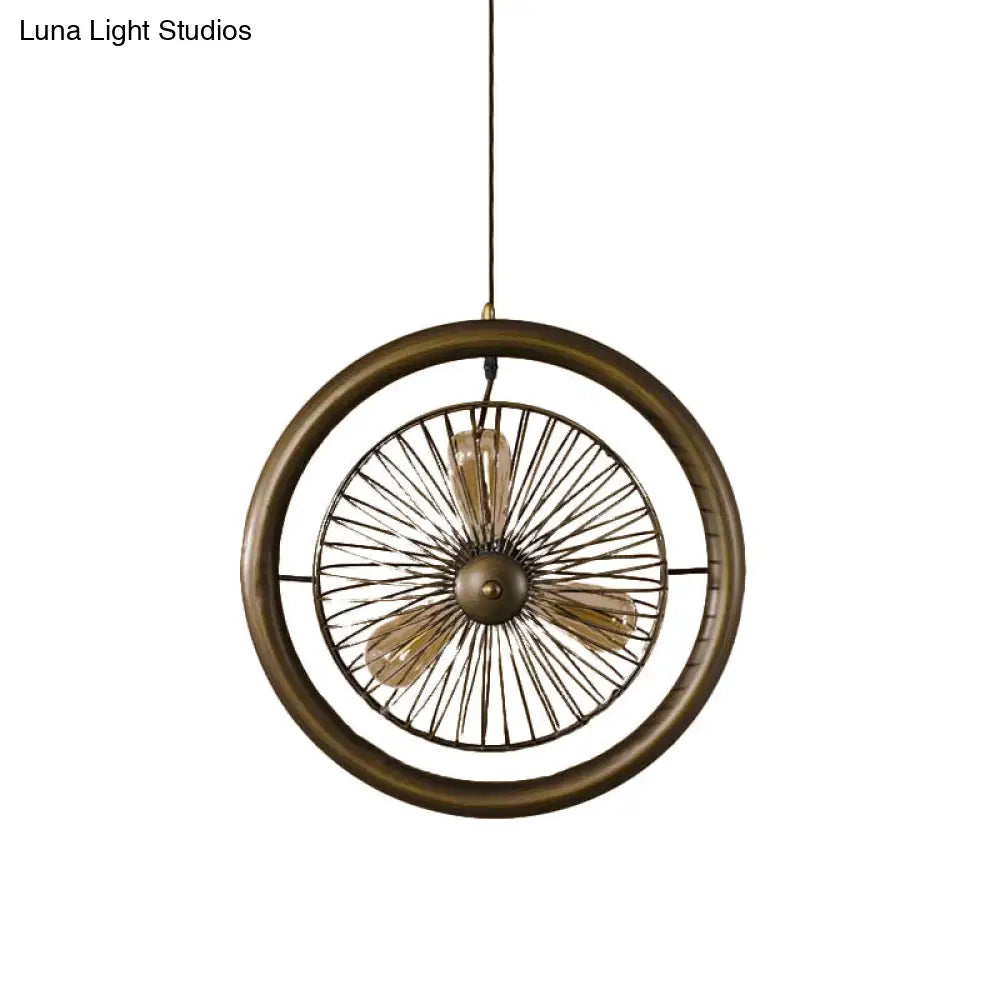 Farmhouse Kitchen Hanging Lamp With Brass/Black Finish - Circle Cage Metal Fixture 3 Lights & Fan