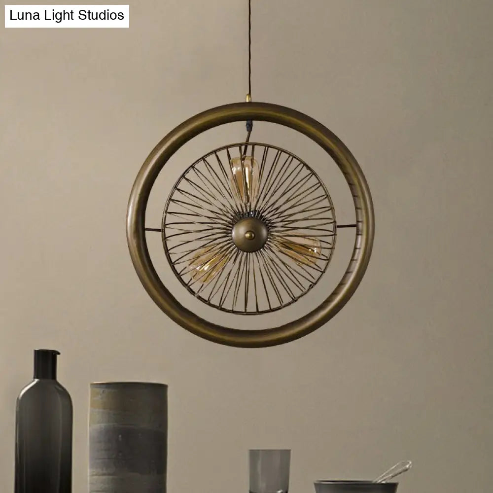 Farmhouse Kitchen Hanging Lamp With Brass/Black Finish - Circle Cage Metal Fixture 3 Lights & Fan