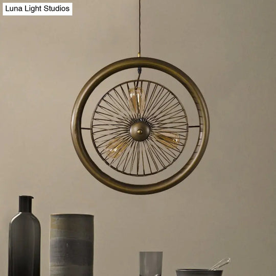 Farmhouse Kitchen Hanging Lamp With Brass/Black Finish - Circle Cage Metal Fixture 3 Lights & Fan