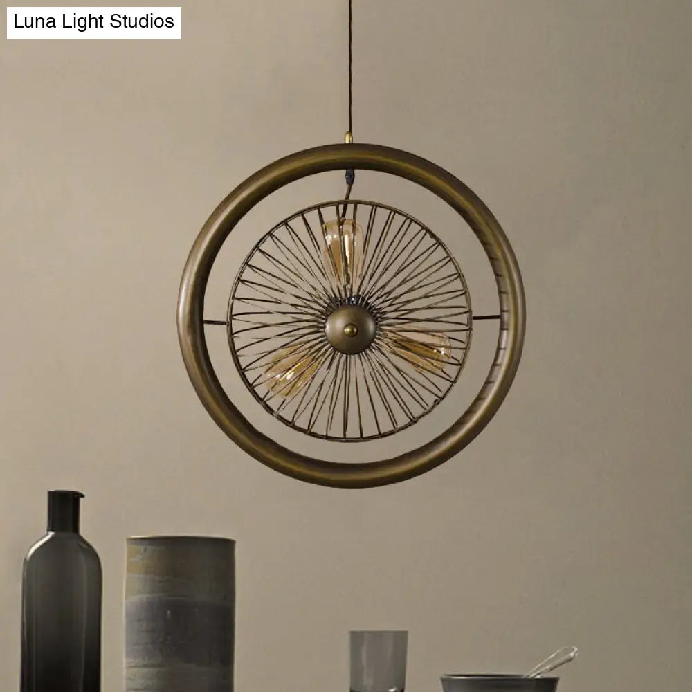 Farmhouse Style Circle Cage Light Fixture With Fan Design Brass/Black Finish 3 Lights For Kitchen