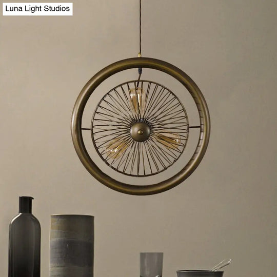 Farmhouse Style Circle Cage Light Fixture With Fan Design Brass/Black Finish 3 Lights For Kitchen