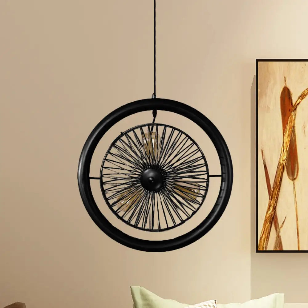 Farmhouse Kitchen Hanging Lamp With Brass/Black Finish - Circle Cage Metal Fixture 3 Lights & Fan