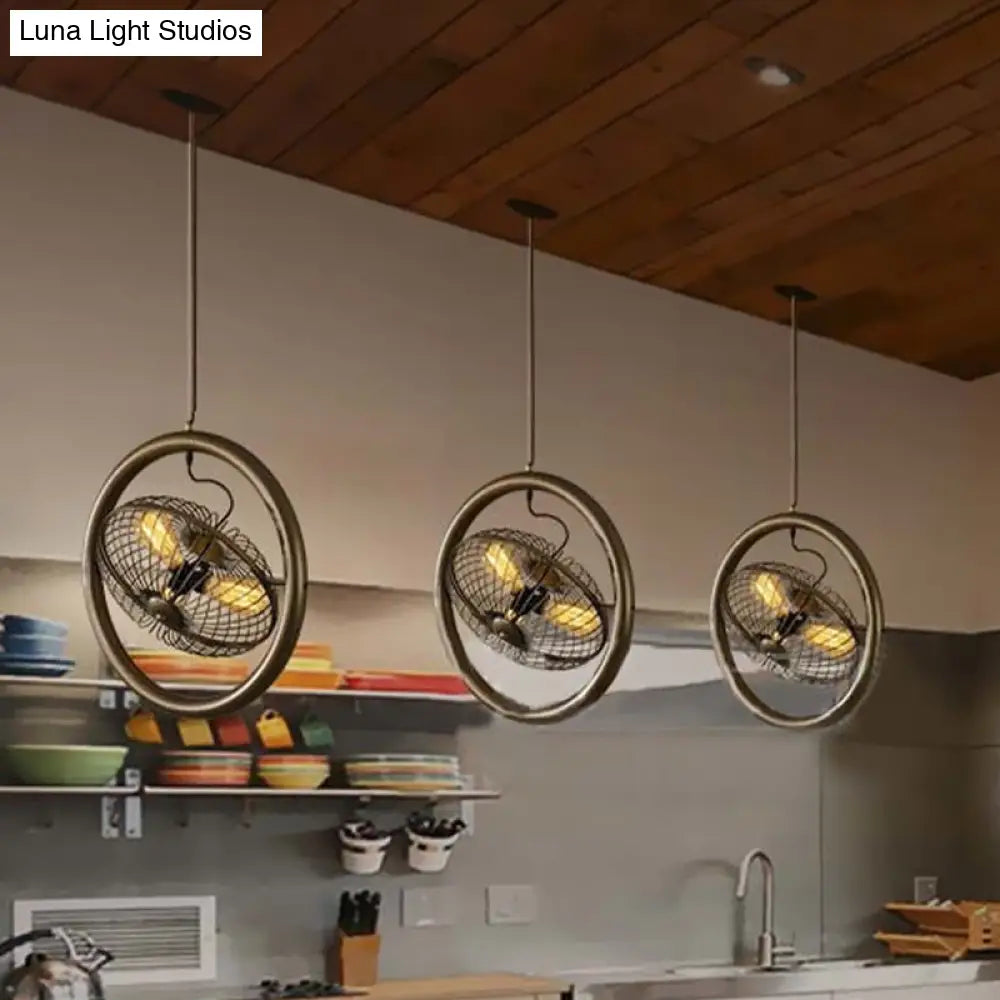 Farmhouse Style Circle Cage Light Fixture With Fan Design Brass/Black Finish 3 Lights For Kitchen