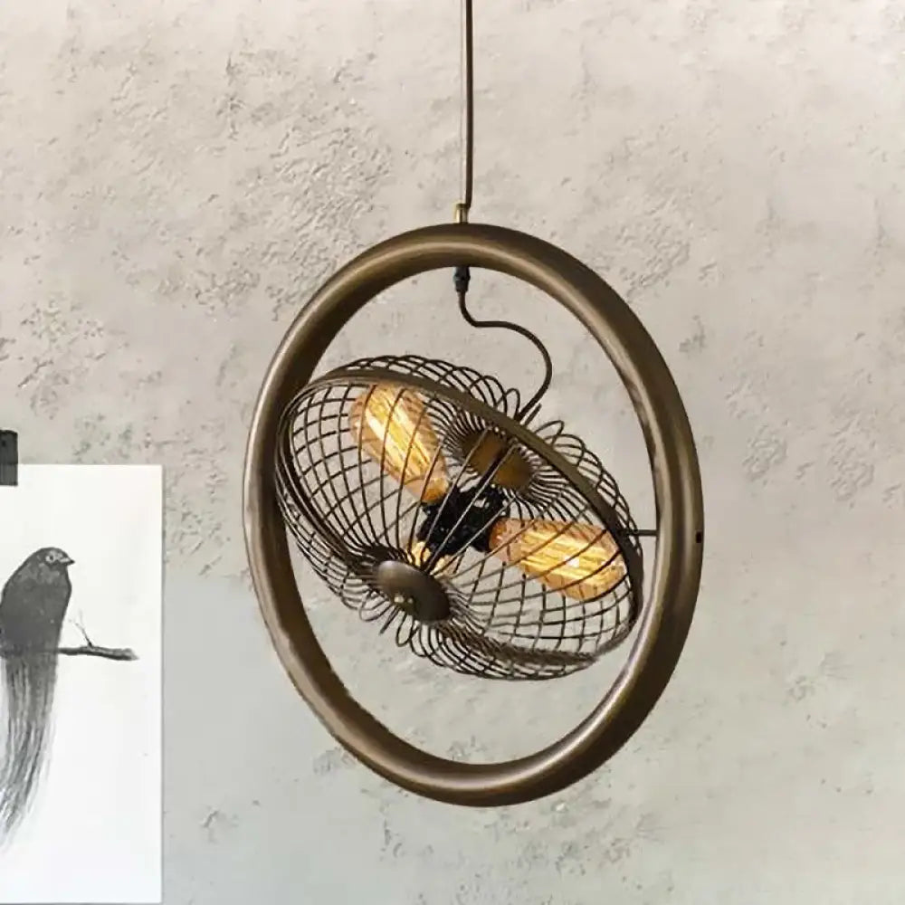 Farmhouse Kitchen Hanging Lamp With Brass/Black Finish - Circle Cage Metal Fixture 3 Lights & Fan