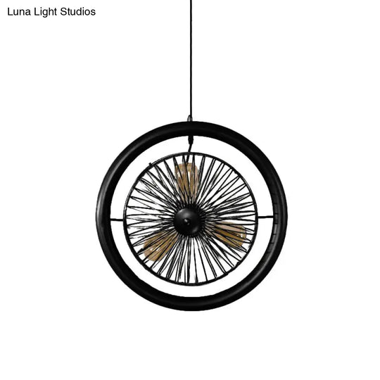 Farmhouse Style Circle Cage Light Fixture With Fan Design Brass/Black Finish 3 Lights For Kitchen