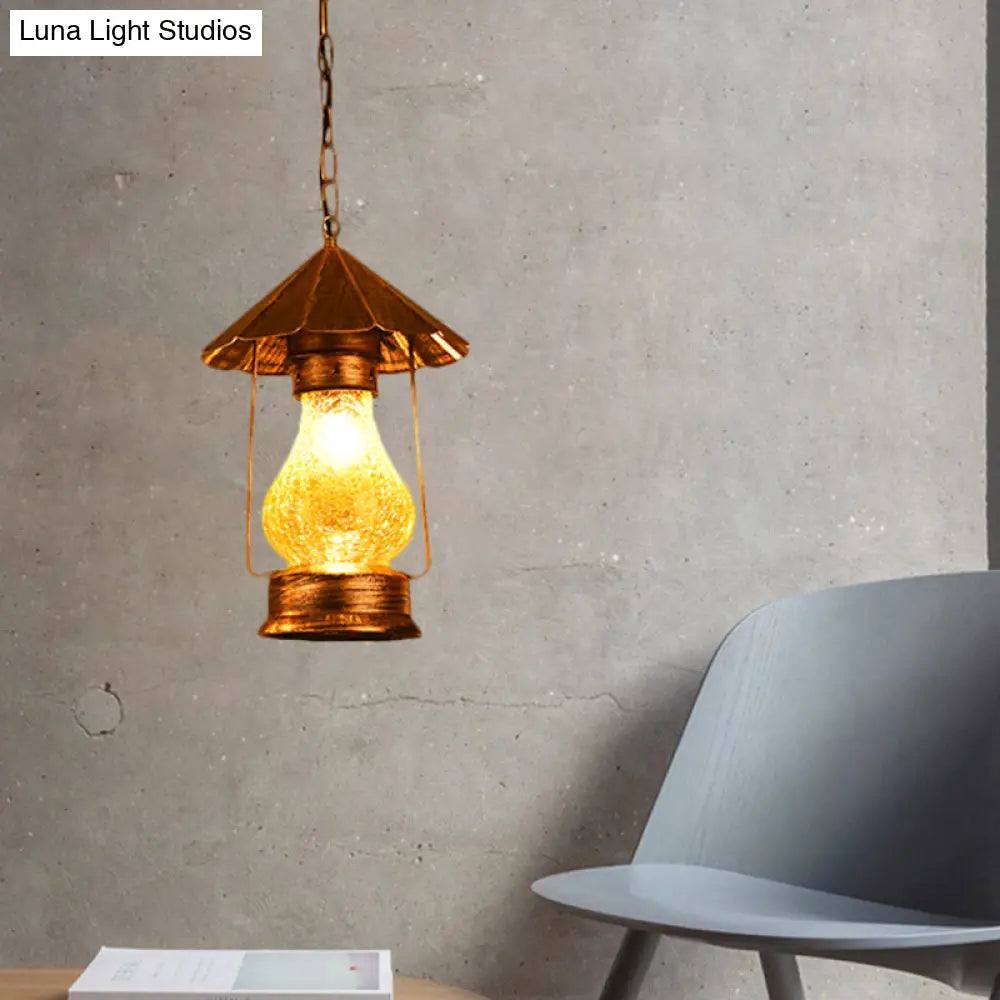 Farmhouse Lantern Pendant Lamp - Single-Bulb Crackle Glass Hanging Light Yellow/White For Coffee