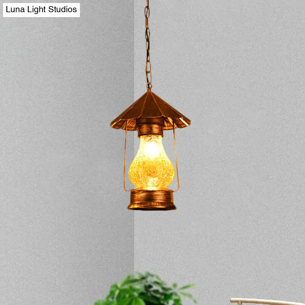 Crackle Glass Single-Bulb Pendant Lantern For Coffee Shops - Yellow/White Farmhouse Hanging Light